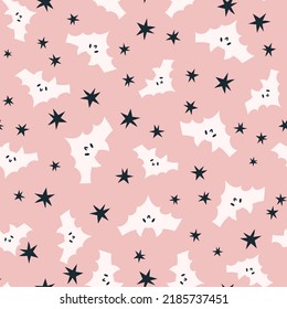 Happy Halloween cute vector seamless pattern with cartoon bat, stars. Creative childish texture in scandinavian style. Great for fabric, textile Vector Illustration.
