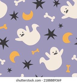 Happy Halloween cute vector seamless pattern with cartoon ghost. Creative childish texture in scandinavian style. Great for fabric, textile Vector Illustration.