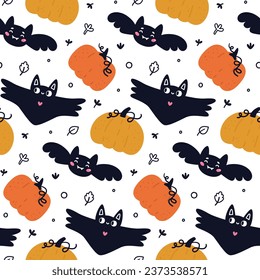 Happy Halloween cute vector seamless pattern with cartoon cute bat, pumpkin, stars, leaves in flat style. Cartoon Halloween characters for kids prints, poster, invitations