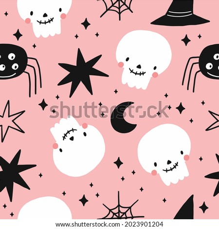 Happy Halloween cute vector seamless pattern with cartoon ghost, skull, bat, pumpkin, spider, stars. Pink and blak print in flat style