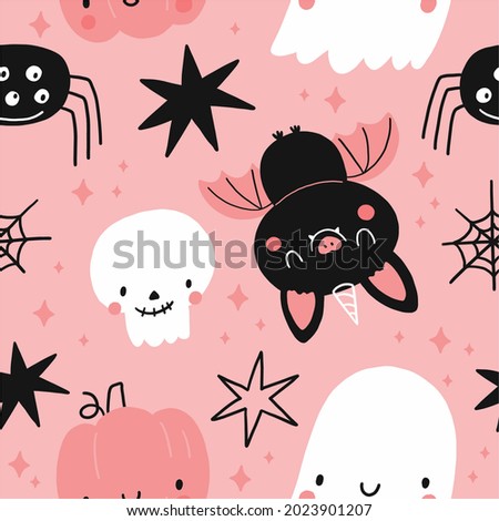 Happy Halloween cute vector seamless pattern with cartoon ghost, skull, bat, pumpkin, spider, stars. Pink and blak print in flat style