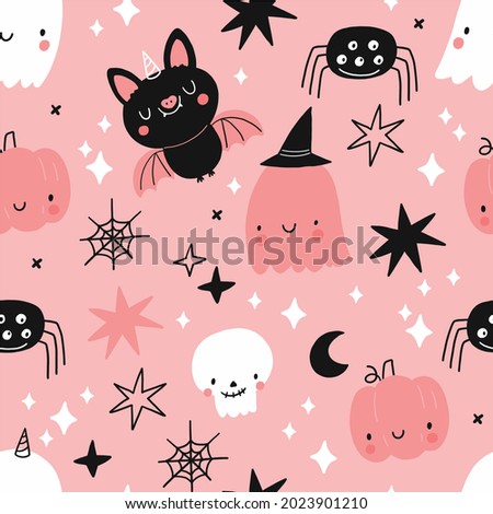 Happy Halloween cute vector seamless pattern with cartoon ghost, skull, bat, pumpkin, spider, stars. Pink and blak print in flat style