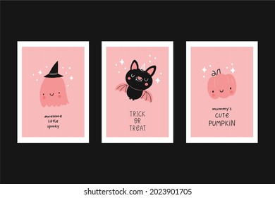 Happy Halloween cute vector set pattern with cartoon ghost, skull, bat, pumpkin, spider, stars. Pink and blak print in flat style. Halloween lettering quote