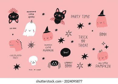 Happy Halloween cute vector set  with cartoon ghost, skull, bat, pumpkin, spider, stars. Pink and blak print in flat style. Halloween lettering quote