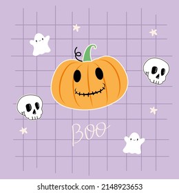 Happy Halloween, cute vector set with cartoon ghost, skull, pumpkin, stars. Purple and orange color in flat style. Boo inscription.