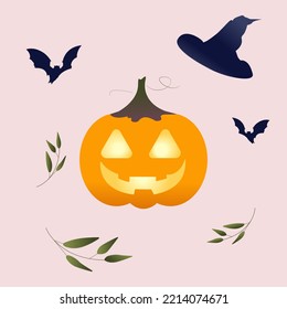 Happy Halloween cute vector set with bat, pumpkin, hat.	

