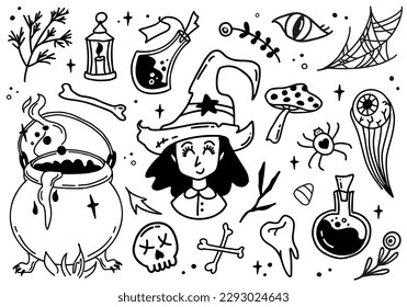 Happy Halloween cute vector set with witch, cauldron, potion bottles, mushroom, tooth, herbs, eyeball isolated on white background