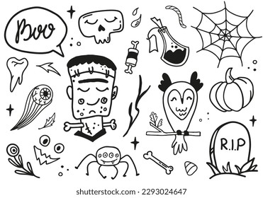 Happy Halloween cute vector set with frankenstein, owl, potion, spider, skull, grave, eyeball isolated on white background. Boo speech bubble lettering quote in doodle style