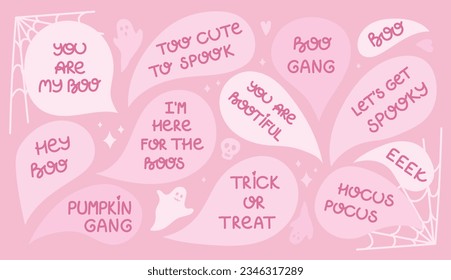 Happy Halloween cute vector set with speech bubbles . Pink set of speech bubbles with phrases for halloween. Halloween lettering quote