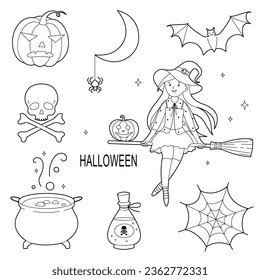 Happy Halloween cute vector set with witch,  pumpkin and cauldron isolated on white background