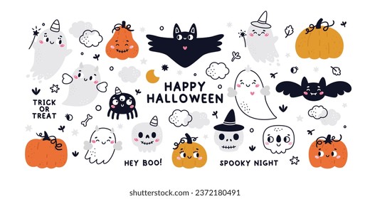 Happy Halloween cute vector set with cartoon cute ghost, skull, bat, pumpkin, spider, stars, leaves in flat style. Halloween lettering quote. Cartoon Halloween characters for kids prints, invitation