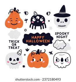 Happy Halloween cute vector set with cartoon cute skull, pumpkin, spider, stars, leaves, eyes in flat style. Halloween lettering quote