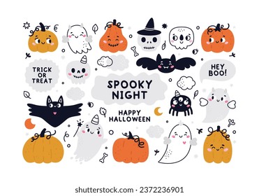 Happy Halloween cute vector set with cartoon cute ghost, skull, bat, pumpkin, spider, stars, leaves in flat style. Halloween lettering quote. Cartoon Halloween characters for kids prints, invitation