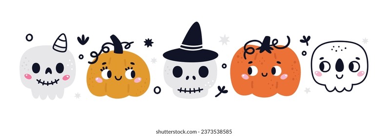 Happy Halloween cute vector set with cartoon cute skull, pumpkin, stars, leaves in flat style