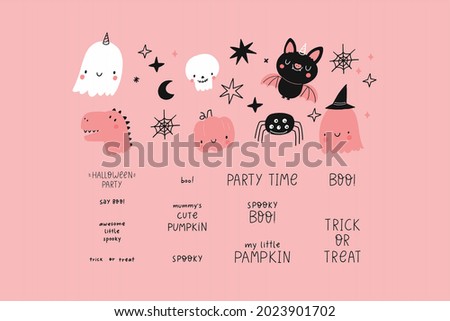Happy Halloween cute vector set pattern with cartoon ghost, skull, bat, pumpkin, spider, stars. Pink and blak print in flat style. Halloween lettering quote