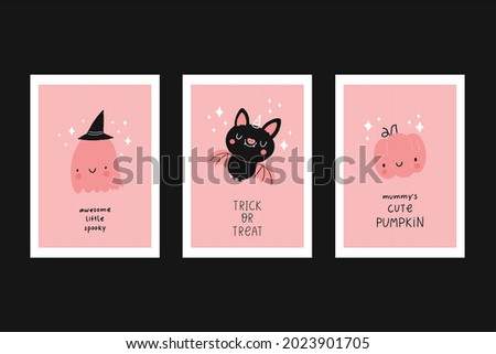 Happy Halloween cute vector set pattern with cartoon ghost, skull, bat, pumpkin, spider, stars. Pink and blak print in flat style. Halloween lettering quote