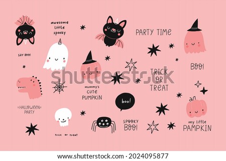 Happy Halloween cute vector set  with cartoon ghost, skull, bat, pumpkin, spider, stars. Pink and blak print in flat style. Halloween lettering quote