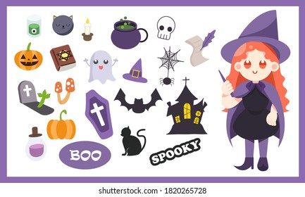 Happy Halloween. Cute witch cartoon isolated clipart on white background with ghosts pumpkins elements decoration.