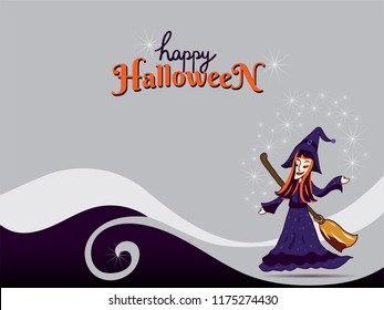 happy Halloween with the cute witch character and her broomstick on light grey and curl purple background. Lots of copy space.