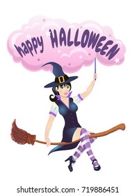 Happy Halloween, cute witch flying on broom, on white background