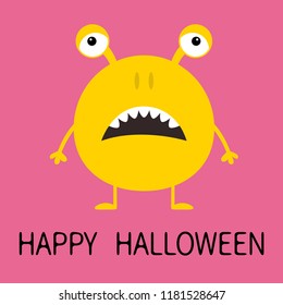 Happy Halloween. Cute yellow monster icon. Cartoon colorful scary funny character. Eyes, ears, nose, open mouth. Funny baby collection. Pink background Isolated. Flat design. Vector illustration