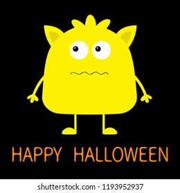 Happy Halloween. Cute yellow monster icon. Cartoon colorful scary funny character. Eyes, ears, mouth, hair. Funny baby collection. Black background Isolated. Flat design. Vector illustration