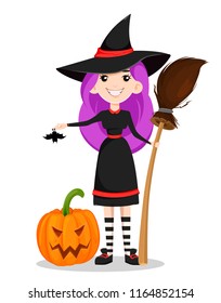 Happy Halloween. Cute young witch with purple hair holding bat and broom and standing near scary pumpkin. Vector illustration on white background.