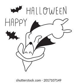 Happy Halloween. Happy dachshund. Outline vector illustration on white background.