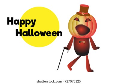 Happy halloween. Dancing pumpkin with walking stick in hat. Cartoon character with text. Greeting card. White background. Isolated.