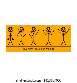 Happy Halloween. Dancing skeleton character, Halloween vector illustration. Isolated on white background, editable stroke