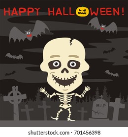 Happy Halloween! The dancing skeleton on the background of the cemetery.