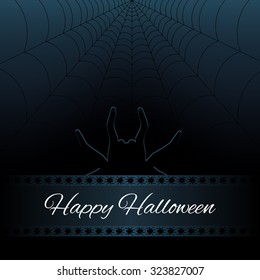 Happy Halloween dark background with web and silhouette spider