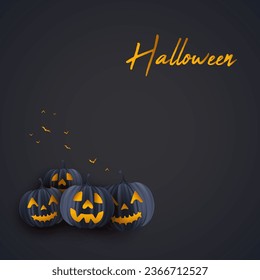 Happy halloween dark card background illustration with realistic pumpkin face and flying bats