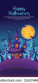 Happy Halloween with Dark Castle, Full Moon, Bat, Scary Trees, and Cemetery, Fantasy Design, Vector Flat Design