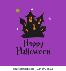 Happy Halloween with dark castle on violet  background. Vector illustration. Happy Halloween Card Template.