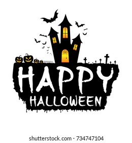 Happy halloween with dark castle, scary pumpkins, bats and graveyard. Happy halloween template design for banner, invitation, greeting card, or poster. Vector illustration.