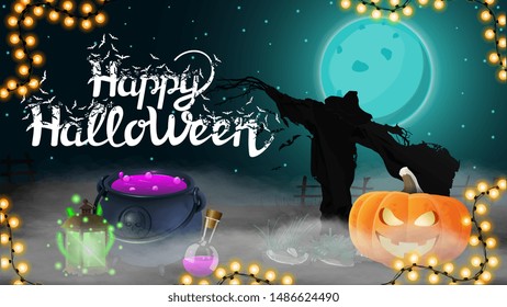Happy Halloween, dark horizontal postcard with beautiful halloween landscape, Scarecrow and pumpkin Jack in the mist