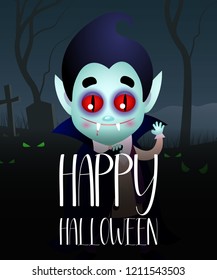 Happy Halloween dark invitation with Dracula. Creative lettering with cartoon Dracula on dark background with mystic green eyes. Can be used for invitations, postcards, banners