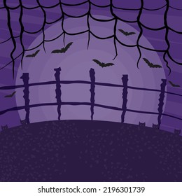 Happy Halloween dark landscape vector illustration. Spooky full moon in the sky, cats and flying bats.