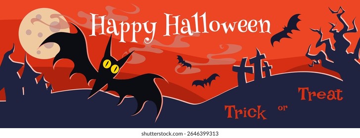 Happy Halloween dark vector banner illustration with bat characters elements. Trick or treat text. Holiday vector poster, print.
