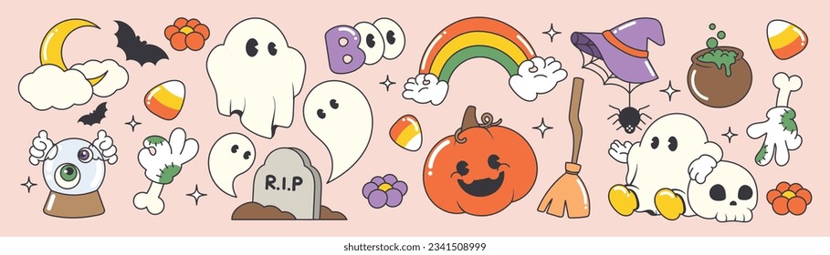 Happy Halloween day 70s groovy vector. Collection of ghost characters, doodle smile face, skull, pumpkin, bat, moon, bone, broom, grave. Cute retro groovy hippie design for decorative, sticker.