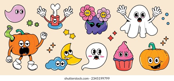 Happy Halloween day 70s groovy vector. Collection of ghost characters, doodle smile face, pumpkin, skull, cupcake, moon, flower, bone, worm. Cute retro groovy hippie design for decorative, sticker.