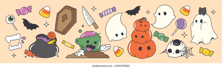 Happy Halloween day 70s groovy vector. Collection of ghost characters, doodle smile face, zombie, bat, pumpkin, candy, skull, knife, grave. Cute retro groovy hippie design for decorative, sticker.