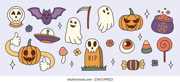 Feliz Día de Halloween 70, vector groovy. Colección de personajes fantasmas, cara de sonrisa garabato, calavera, calabaza, murciélago, hoz, caramelos, caldero, tumba. Cute retro groovy diseño hippie para decorativo, pegatina.