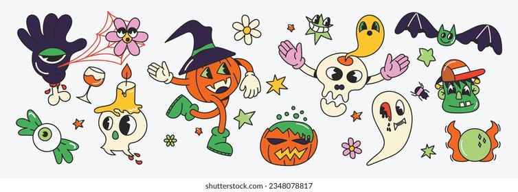 Happy Halloween day 70s groovy vector  Collection ghost characters  doodle smile face  pumpkin  skull  spider  wine  candle  bat  zombie  Cute retro groovy hippie design for decorative  sticker 