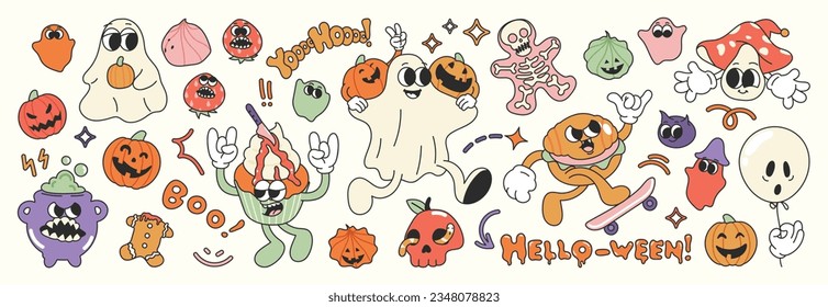 Feliz Día de Halloween 70, vector groovy. Colección de personajes fantasmas, carita de sonrisa de garabato, calabaza, calavera, quequito, hamburguesa, caldero, gusano. Cute retro groovy diseño hippie para decorativo, pegatina.