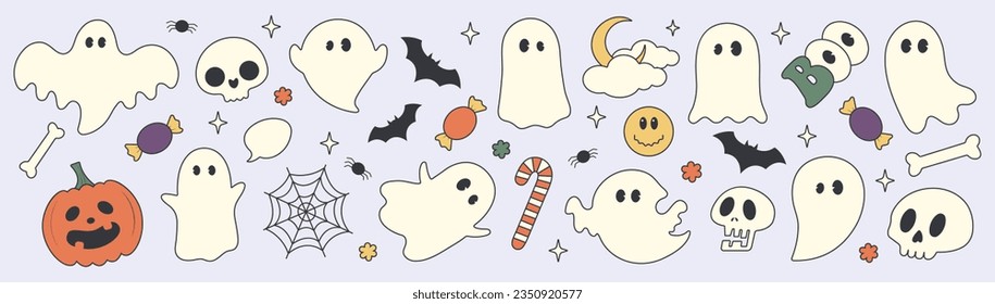 Happy Halloween day 70s groovy vector. Collection of ghost characters, doodle smile face, skull, pumpkin, bat, sickle, candy, cauldron, grave. Cute retro groovy hippie design for decorative, sticker