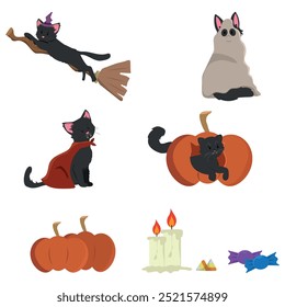 Feliz día de Halloween, adorable Vector de mascotas. Linda colección de gatos con disfraces de Halloween, fantasmas, brujas, calabazas y vampiros. Adorables personajes animales en el festival de otoño, Ilustración vectorial.