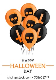 Happy Halloween day. An armful of black and orange balloons with crosses and skulls. Vector flat illustration