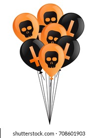 Happy Halloween day. An armful of black and orange balloons with crosses and skulls. Vector flat illustration